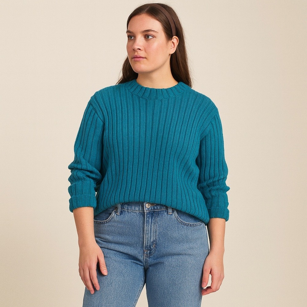 Vintage 80s 90s Now Sport Sweater Teal Ribbed Knit Ramie Cotton Hong Kong L